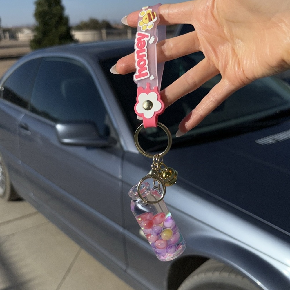 Summer keychain, honey pot, bumblebee glittery balls, flowers bell key accessory